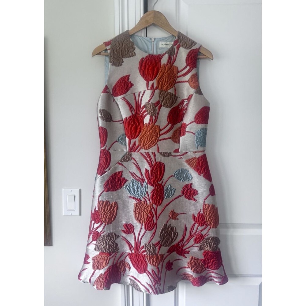 Etro Tulip Floral Jacquard Dress IT 44 MultiColor Ivory Red Orange Made in Italy